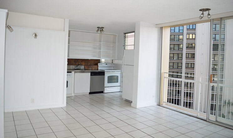 View to the Living area, the Kitchen and the Enclosed Lanai