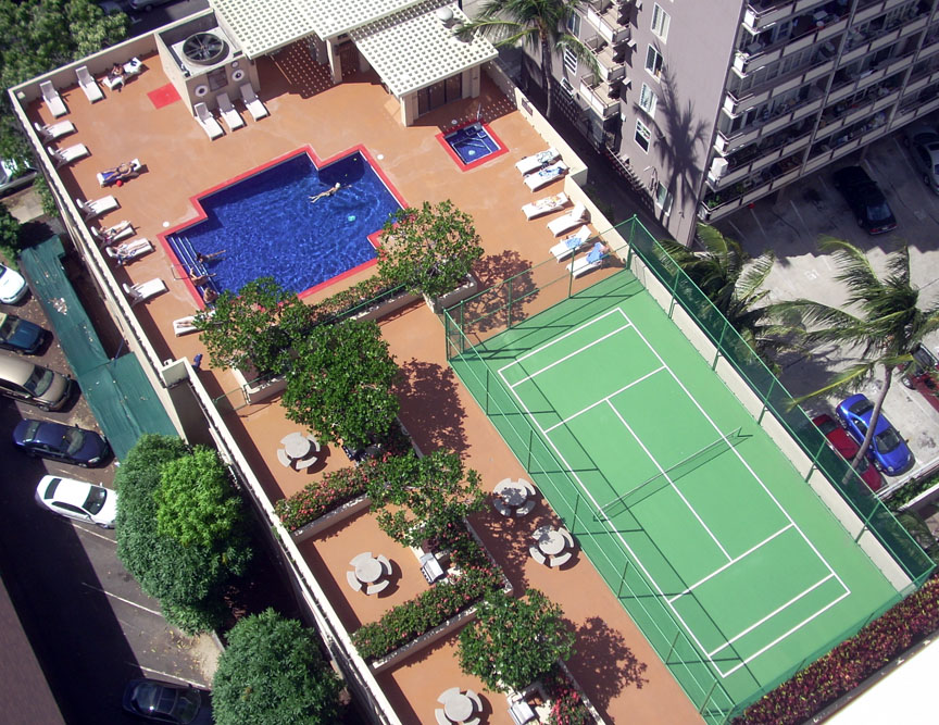 View of the Recreation Deck (swimming pool, spa, and paddle tennis court).